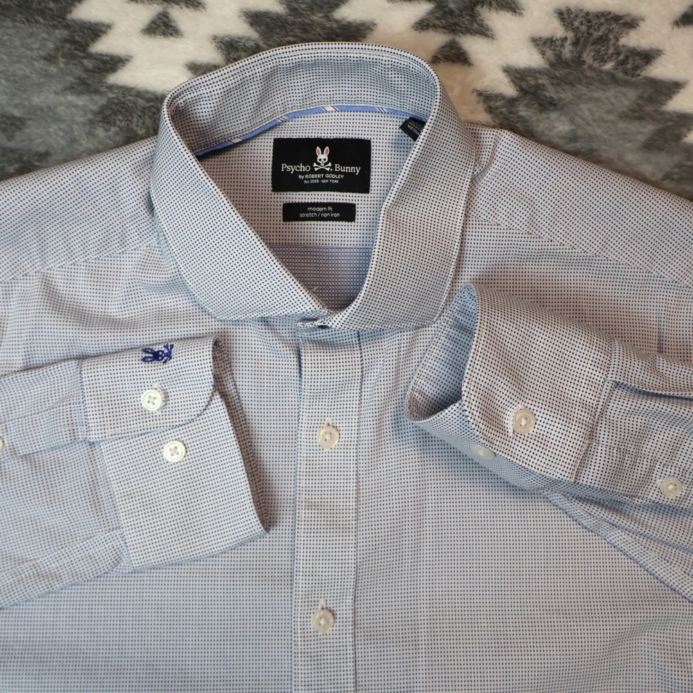 Psycho Bunny Mens 15.5 34/35 Modern Fit Micro Check Stretch Non Iron Shirt Blue